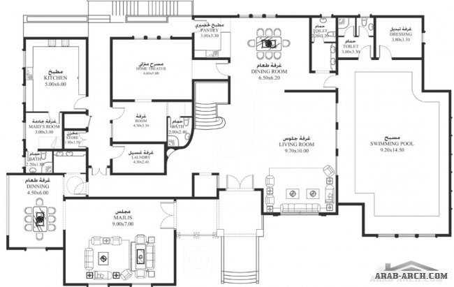 خرائط الفيلا AL-05 من سكن 5 غرف نوم - أبعاد المسكن	36.60م عرضx22.50م عمق