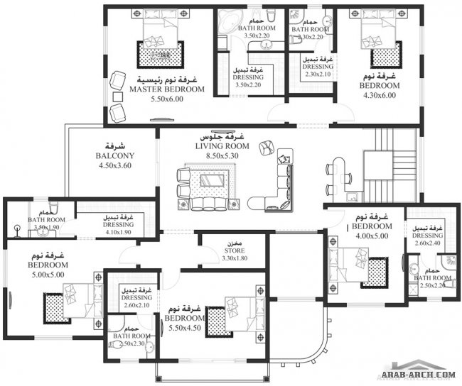 خرائط الفيلا HA-06   - غرف نوم 7 - أبعاد المسكن	23.70م عرضx19.60م عمق