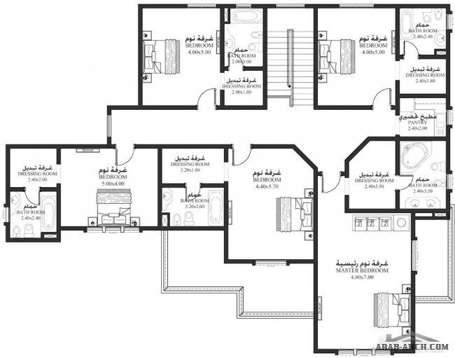 خرائط الفيلا DH-09-07  -غرف نوم 7 - أبعاد المسكن	22.80م عرضx20.10م عمق