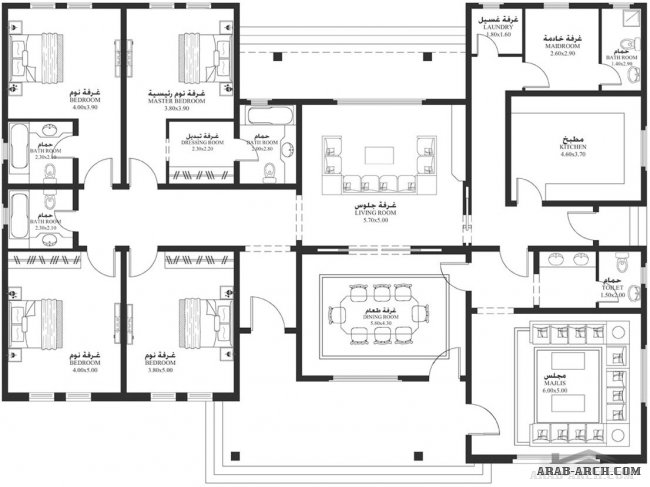 خرائط الفيلا DH-02-04 طابق واحد 4 غرف نوم - أبعاد المسكن	22.80م عرضx16.20م عمق