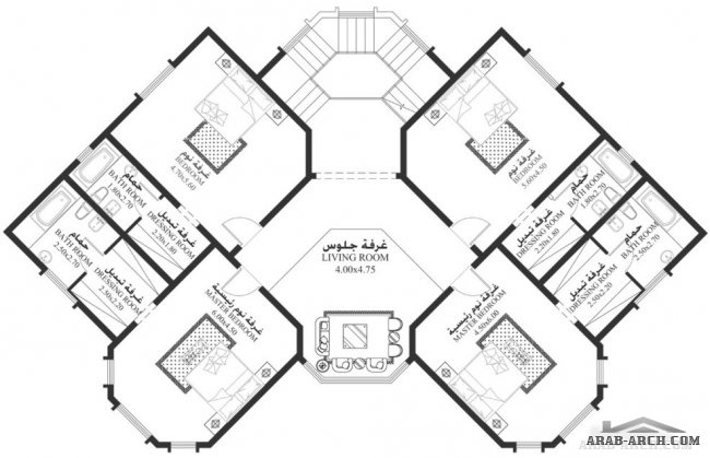 خرائط فيلا NS-02  - غرف نوم 5 أبعاد المسكن	23.80م عرضx14.70م عمق