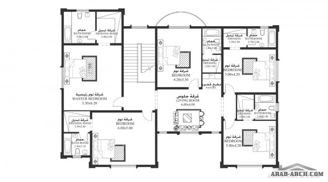 خرائط الفيلا NS-05 - غرف نوم 5 - أبعاد المسكن	 20.80 م عرض  -   20.80 م عمق
