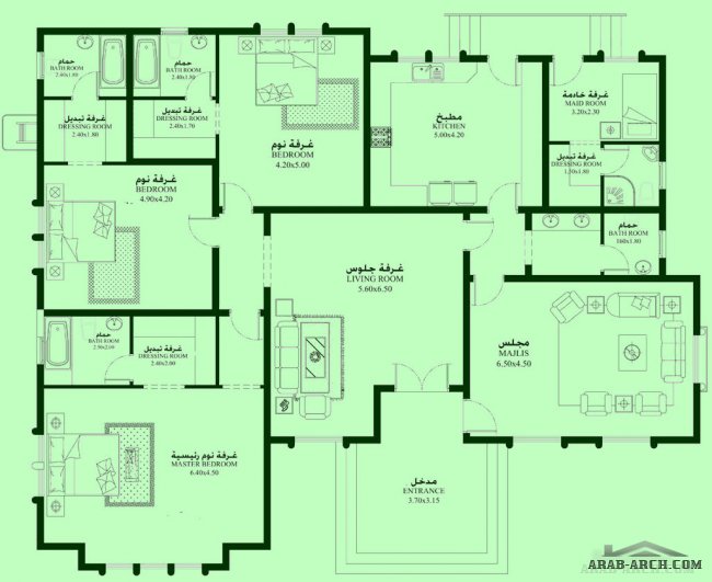 مخطط فيلا طابق واحد 3 غرف نوم بمساحه 250 متر مربع