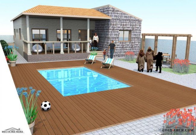 تفاصيل لمخطط استراحه طابق واحد - ابعاد الارض 16*40 متر بالمسبح للمهندس Lotfi Abou El Kouroum