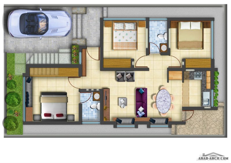 مخطط بيت من طابق واحد 3 غرفة نوم