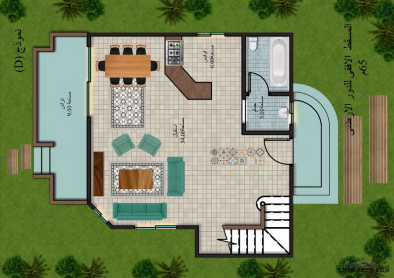 نموذج فيلا بمساحة 175 متر عبارة عن : 3 غرف نوم ، 3 حمام ، 2 تراس ، مطبخ ، ريسبشن، حديقة ، رووف